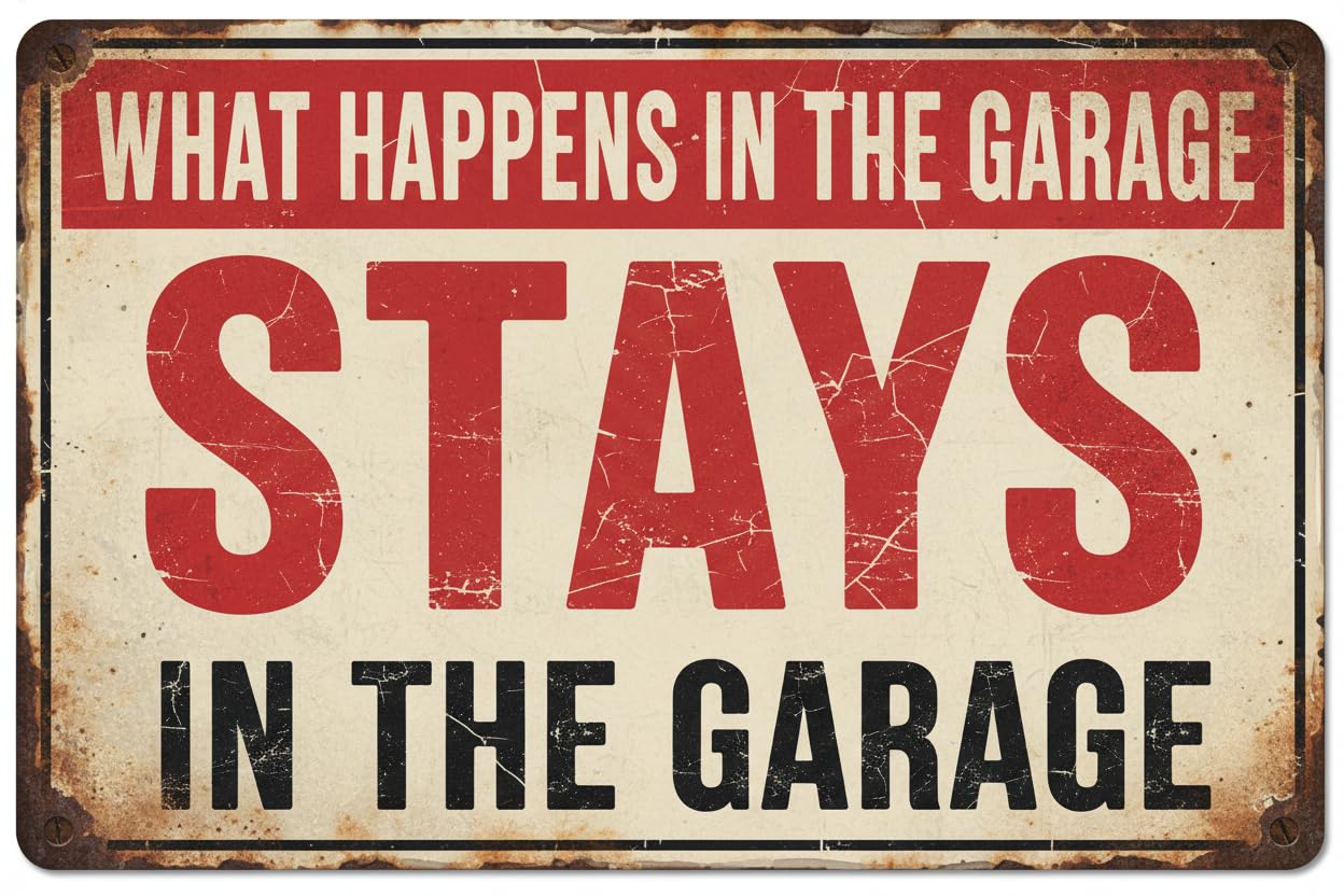 What Happens Garage Stays Garage Tin Sign, 12x8 Inch