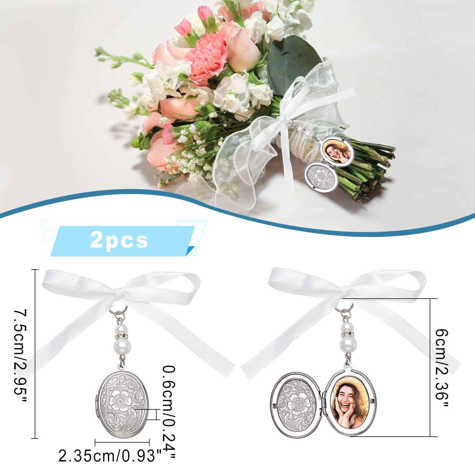 SUPERFINDINGS 2Pcs Wedding Bouquet Charm Oval Bridal Wedding Bouquet Photo Charms 316 Stainless Steel Locket Pendants Decoration 75mm Memorial Angel Photo Charm for Engagement Bridal Party Decor