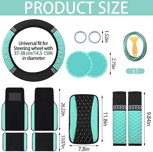 Miniatura 47 de BBTO - Set accesorios autos de mujeres, 43 piezas con brillo, protectores poliéster para asientos delanteros y traseros, funda volante, alfombrillas