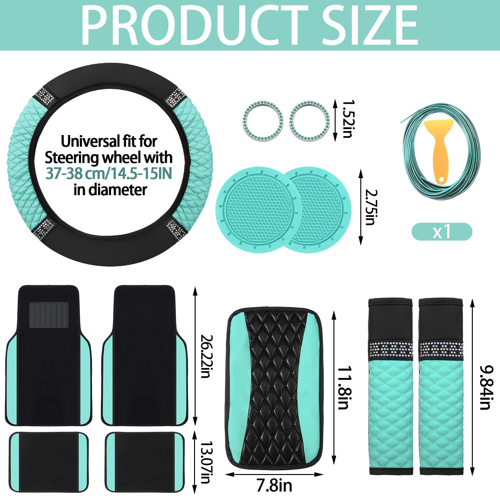 BBTO 43 Pcs Bling Car Accessories Set for Women Front Seats and Rear Bench Polyester Car Seat Protectors — view 6