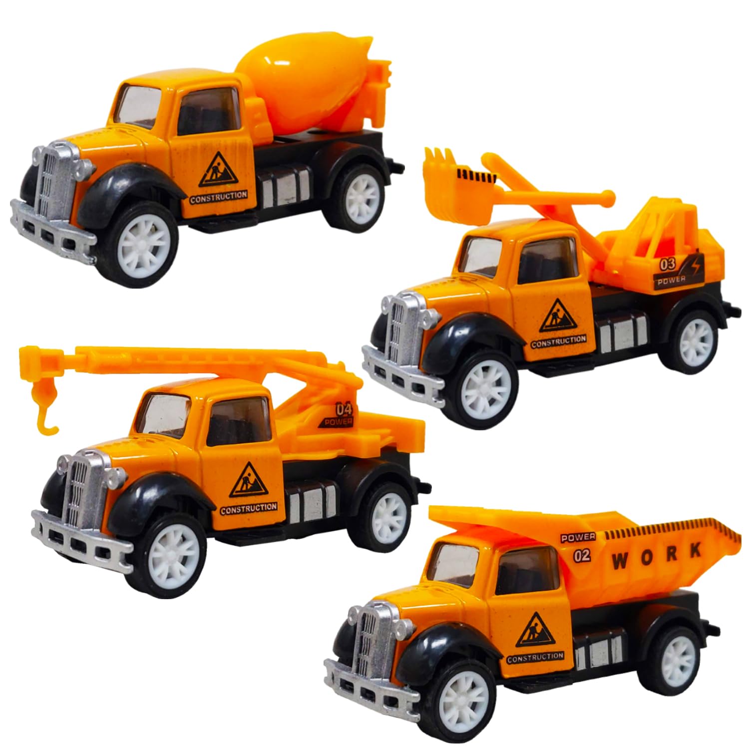 PARTEET Die Cast Small Construction Trucks Set of 4 - Includes Construction Trucks with JCB Truck,Power Lifting Crane,Loading Truck,Mixture Truck -Interactive Friction Construction Trucks for Kids.