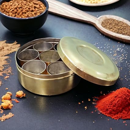 MERCHANT ANTIQUES Original Antique Pure Brass Masala Dabaa - Spice Box (900 GRAM)