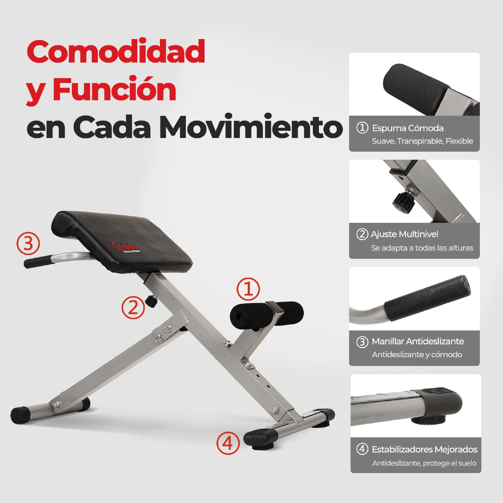 Sunny Health & Fitness Silla Romana, Banco para Sentarse para Entrenamientos de Glúteos y Abdominales para el Hogar, Inclinación de Ajuste Opcional y Silla Romana Multifunción de Alta Resistencia