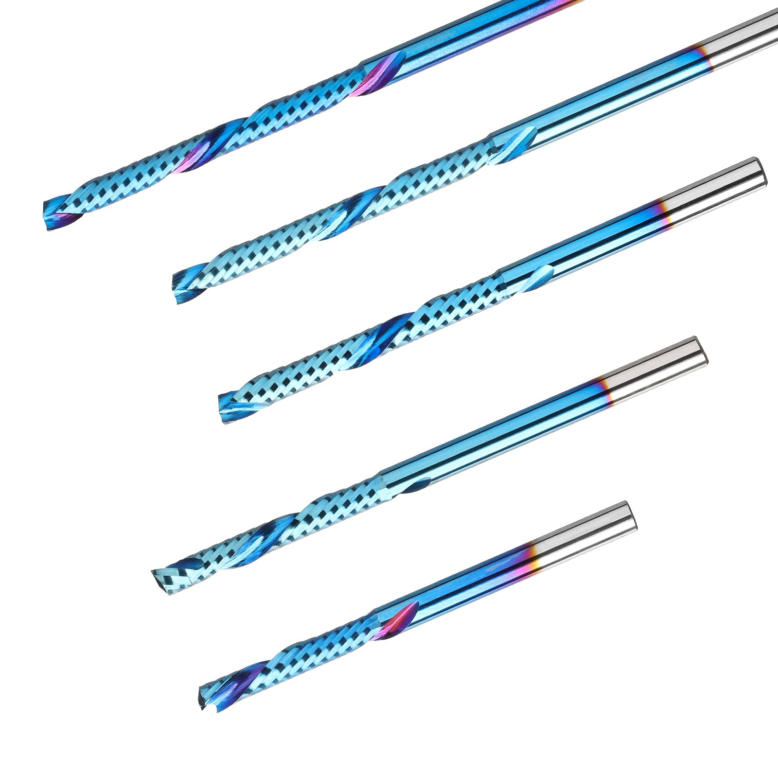Genmitsu Chwyt 1/8 cala, 5 szt., spiralne frezy z węglika spiekanego w górę i w dół, frezy CNC, nano niebieski płaszcz frezy CNC do drewna, akrylu, PCB, MDF, OC05A