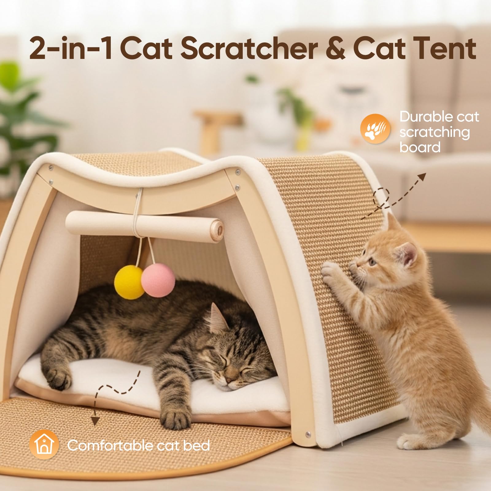 Casa de Madera para Gatos, 2 en 1 Rascador y Tienda para Gatos, 50x40x32 cm Cama para Gato, Cueva para Gatos con Cojín, Ideal para Gato Pequeños y Medianos