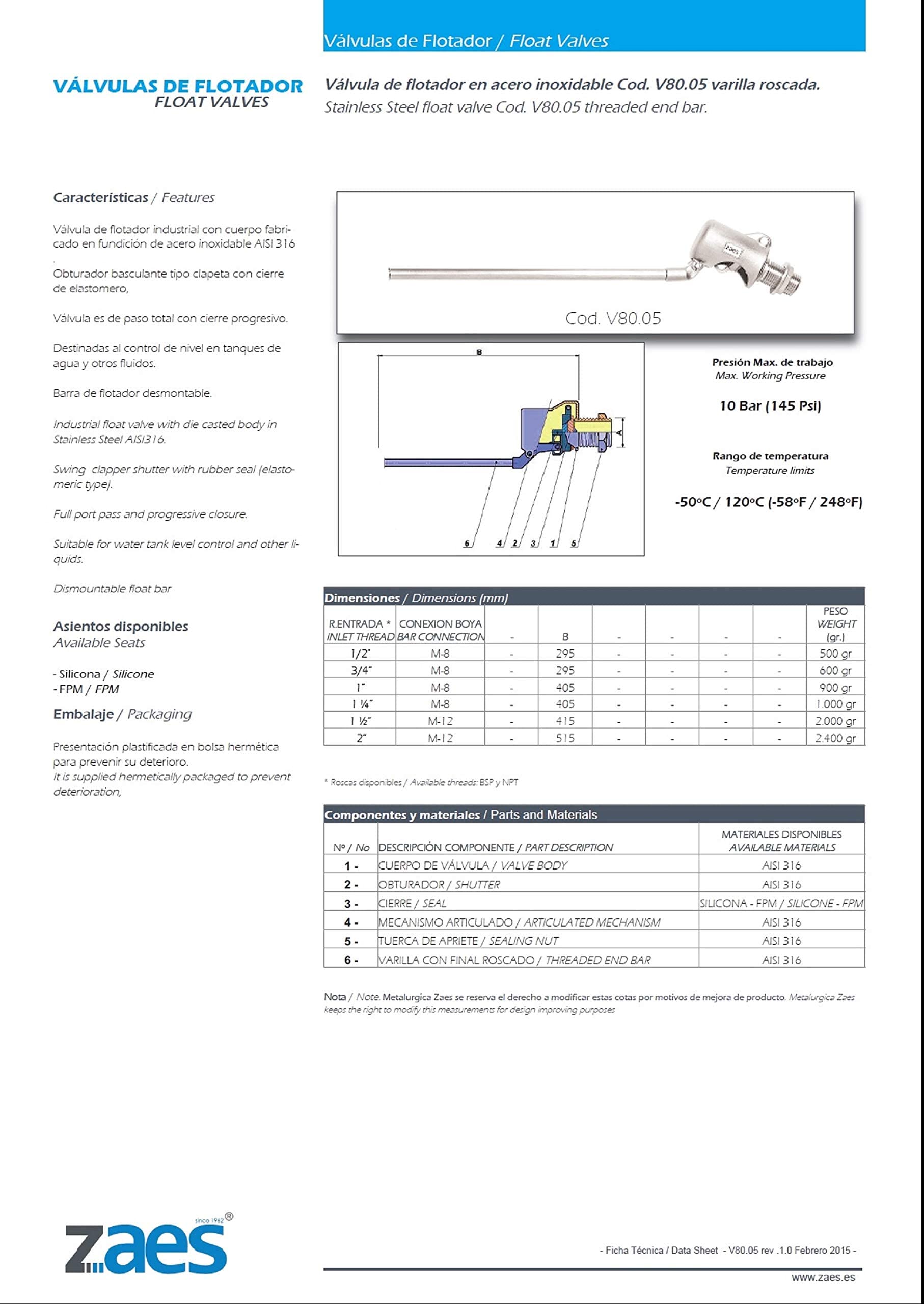 ZAES - Válvula flotador acero inoxidable AISI 316 1/2" BSP Macho asiento de silicona 145 PSI (10 Bar) válvula automática para control de nivel por accionamiento mecánico (Boya no incluida)