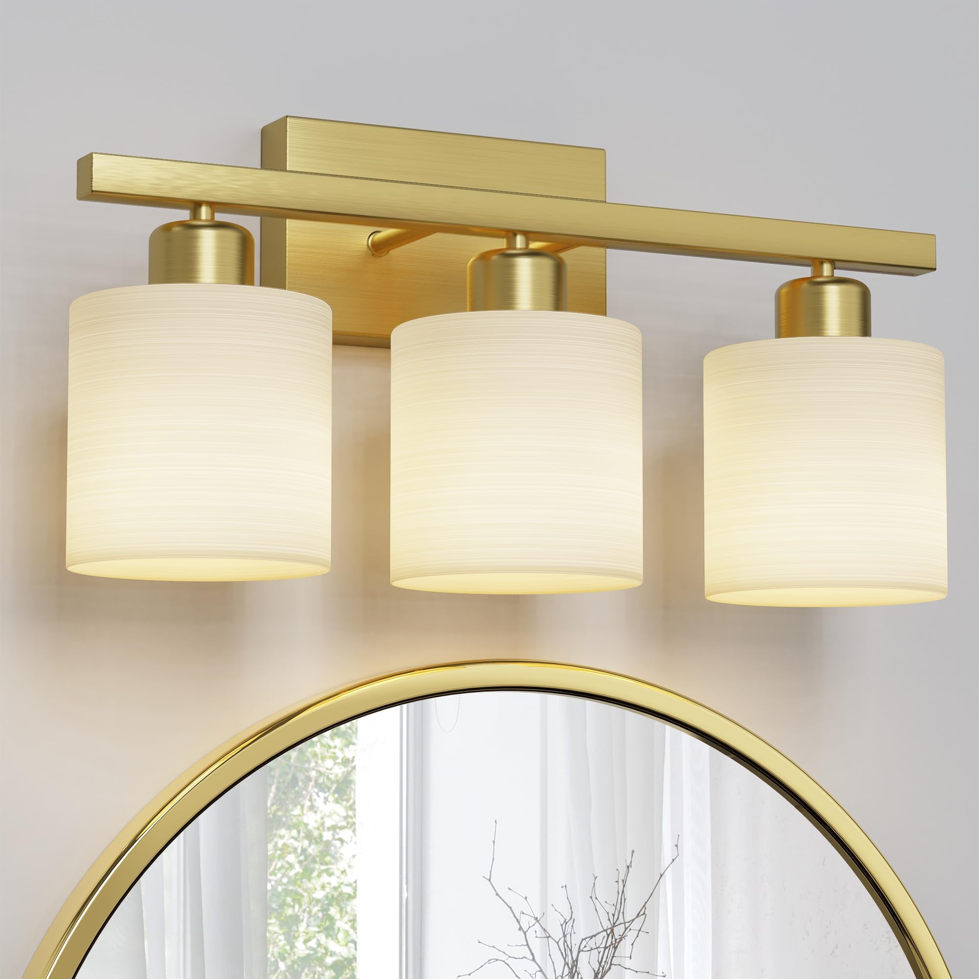 PARTPHONER Bathroom Light Fixtures, Bathroom Lighting Fixtures Over Mirror, Interior Classic Vanity Lights, Modern Vanity Light with Textured White Glass Shade, Brushed Gold, 3-Light
