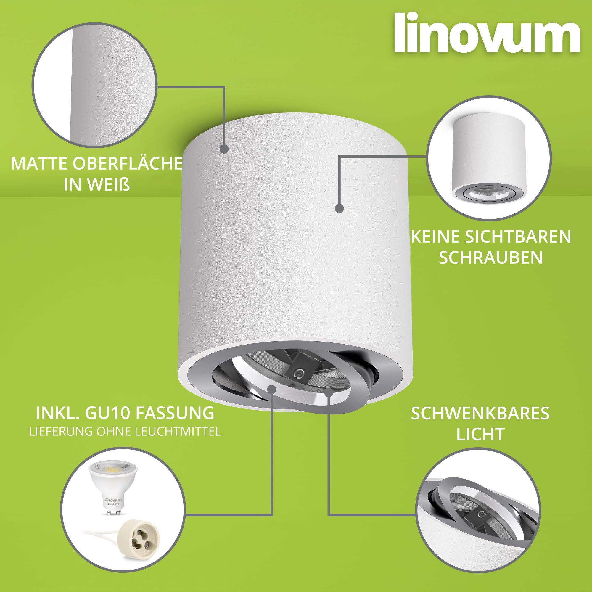 linovum 4 Stück CORI schwenkbare Aufbaustrahler weiß & silber im Set - runder Deckenstrahler geeignet für GU10 & LED Module