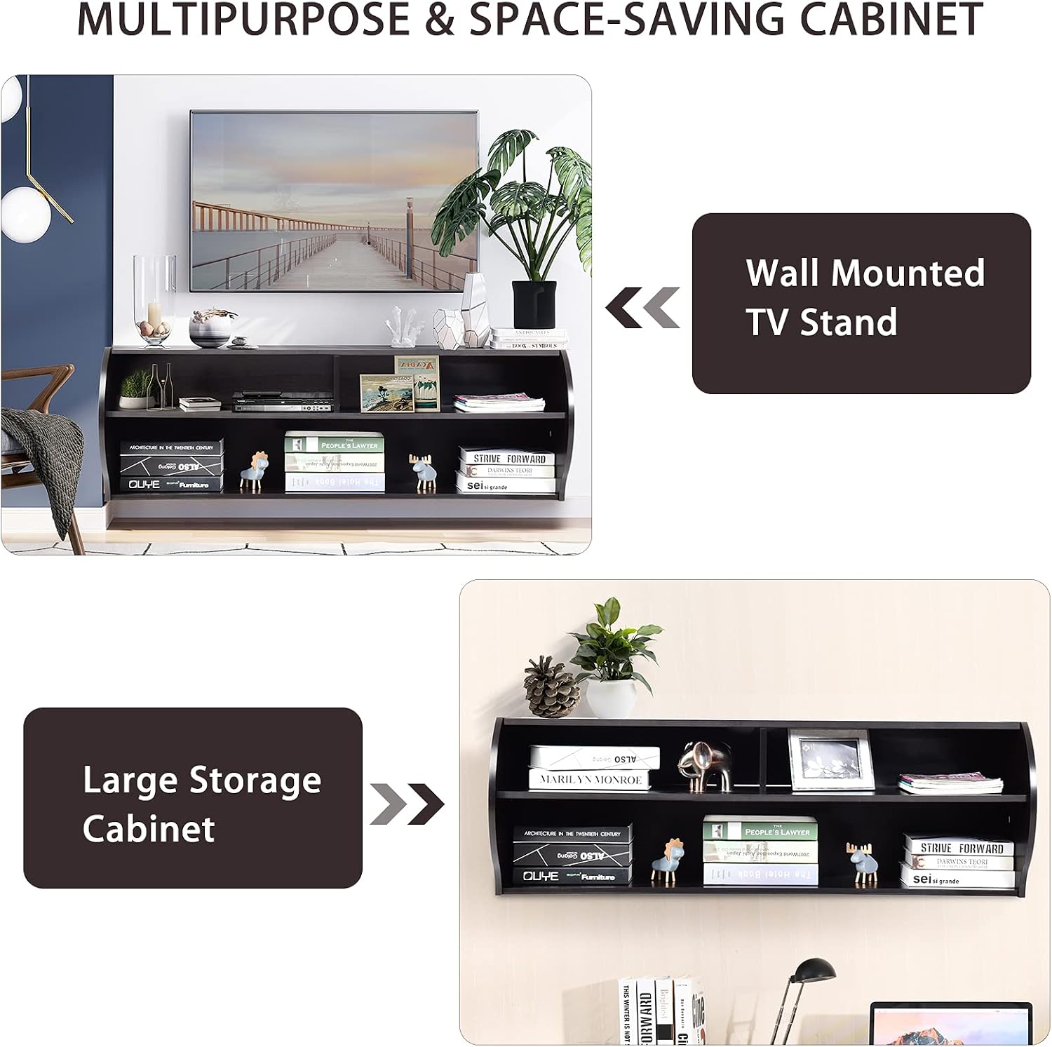 Tangkula Wall Mounted Media Console, Floating TV Stand Cabinet, 2 Tier Modern Wall Mount TV Component Shelf for Home Living Room Office, Wall Mounted Audio/Video Shelf (Coffee)