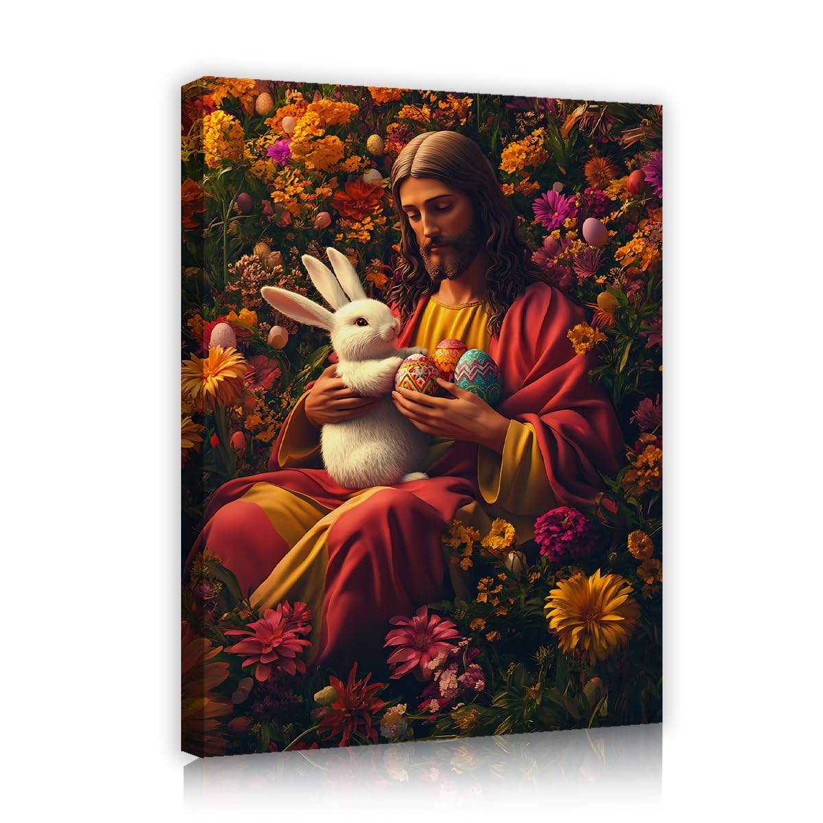 CHERHERART Huevos de Pascua Cartel de Arte de Pared de Huevos de Pascua Estampado Floral Colorido Cuadro de Blanco de Conejo Decoración para el dormitorio del salón 60x80cm Marco interior