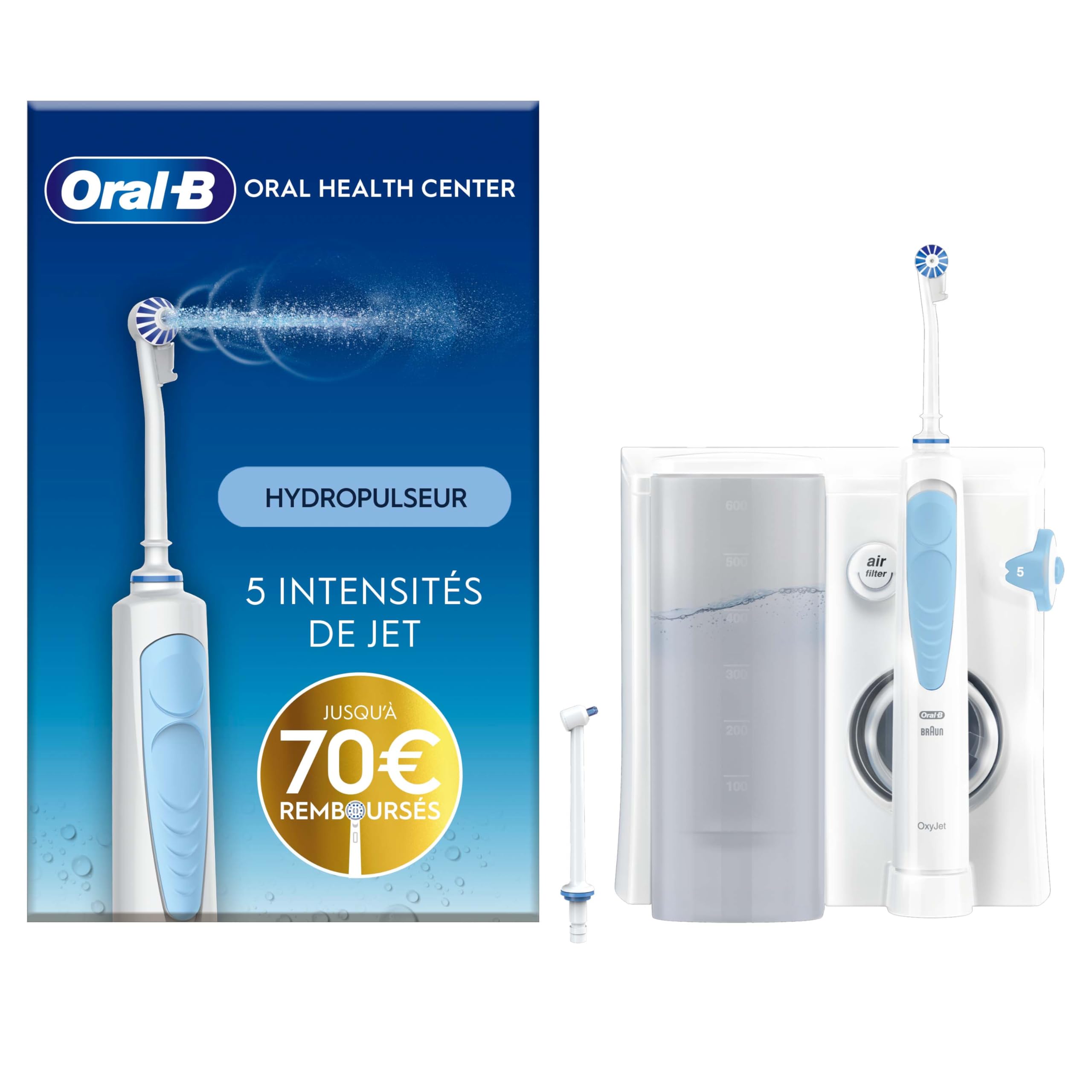Oral-​B Oral Health Center Hydropulseur Dentaire, Jet Dentaire, 1 Canule Oxyjet, 1 Canule Water Jet, 4 Jets d'Eau et 5 Pressions, Nettoyeur Interdentaire et Plaque Dentaire, Rechargeable