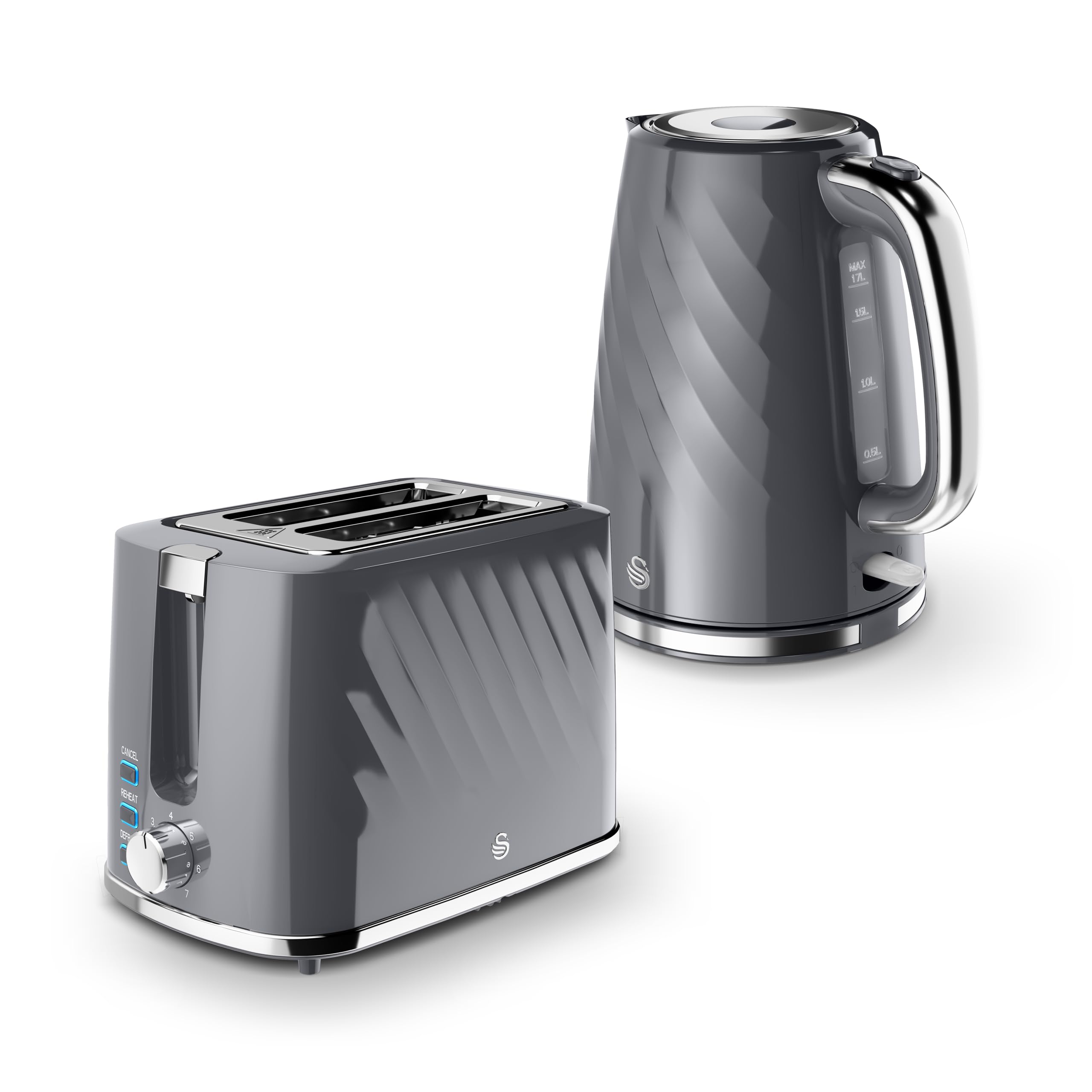 Swan Windsor Kitchen Set, 1.7L Fast Boil Kettle & 2 Slice Toaster, Grey, EEJB257