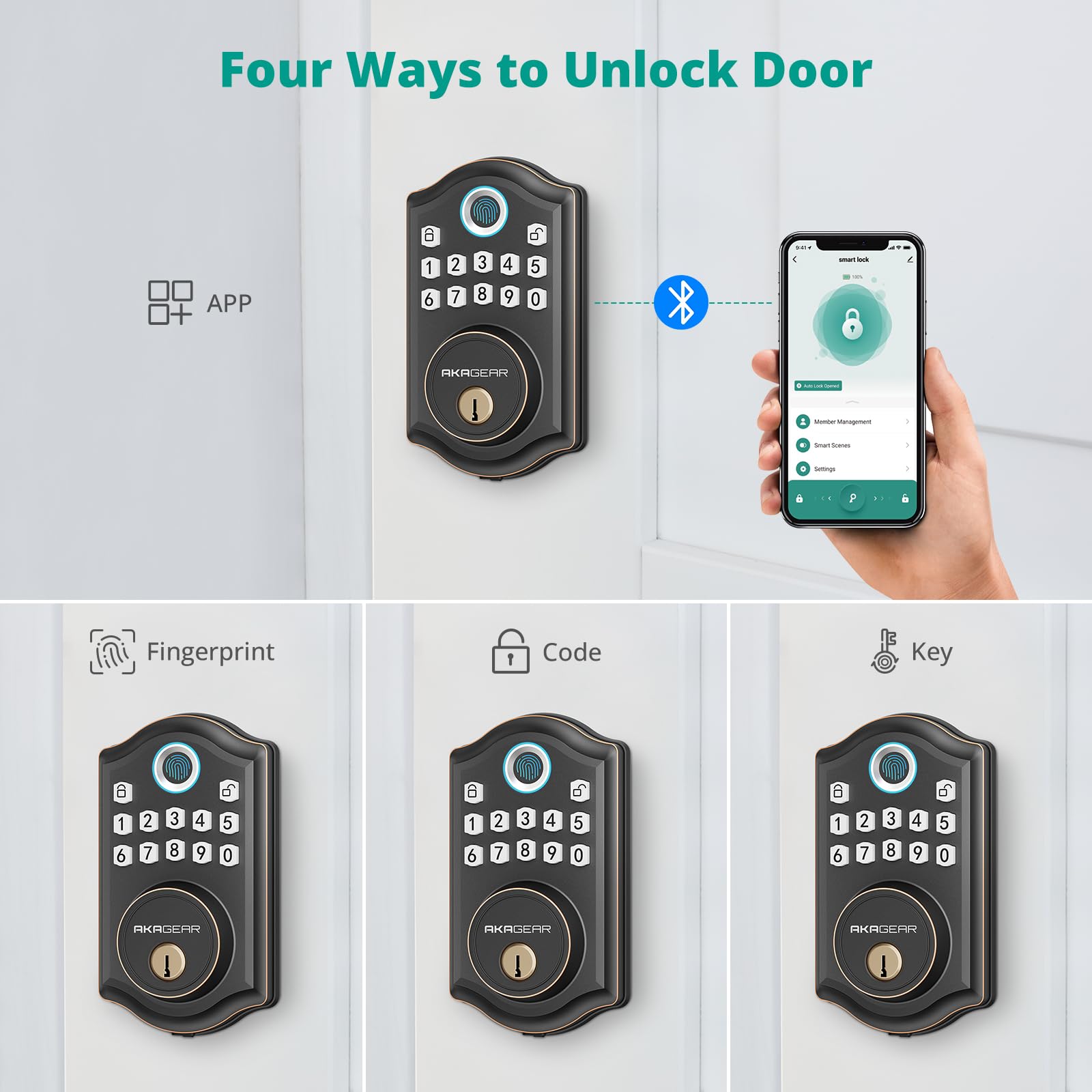 DS10 Pro - Cerradura de puerta de entrada sin llave con asa, juego de cerraduras inteligentes para puerta delantera, teclado electrónico, cerrojo de huellas dactilares, control de aplicación 4