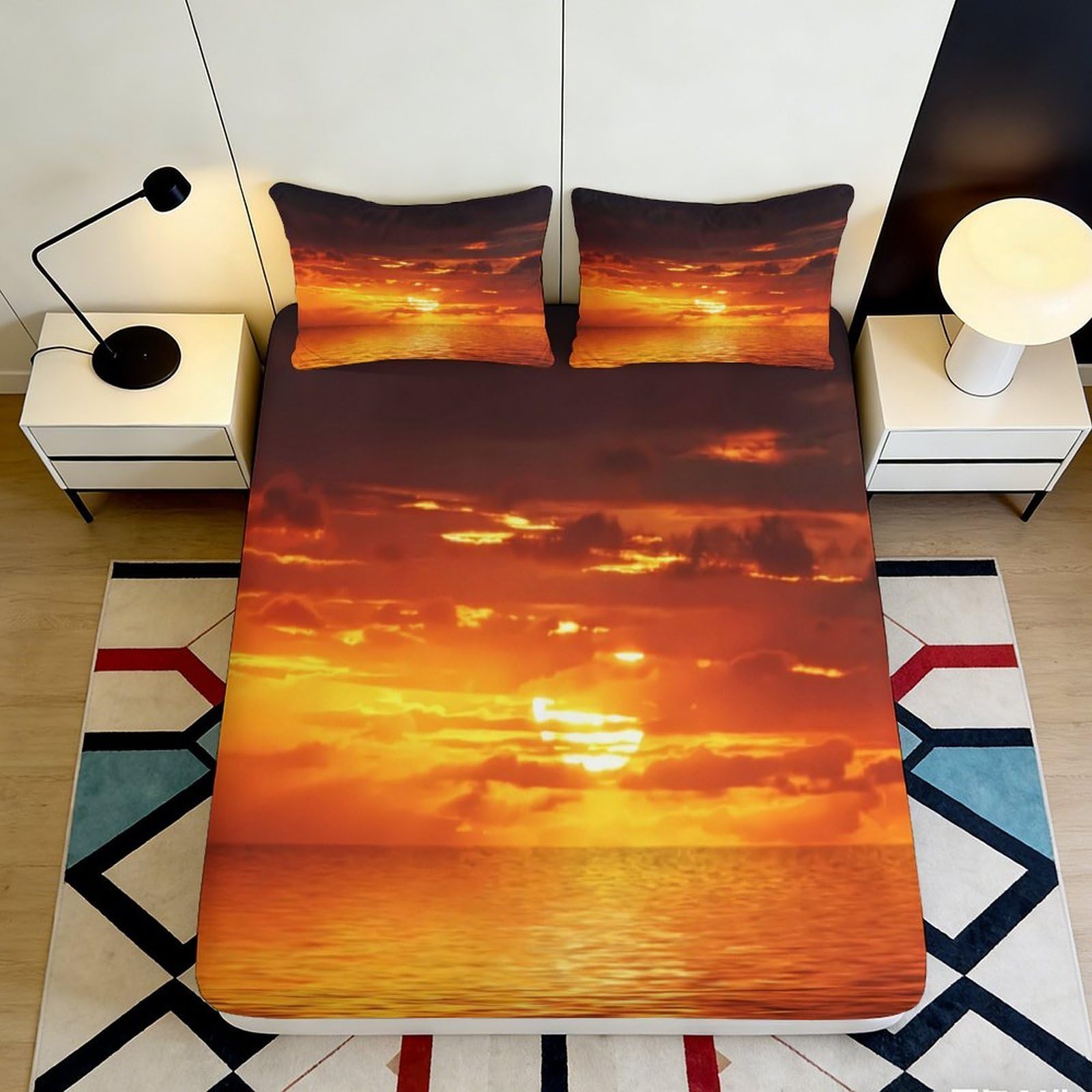 3D Printed Sunset Ocean Fitted Sheet Microfiber Soft Anti-Slip Sunrise Mattress Cover for Bedroom Guest Room Decor 140x200x25cm