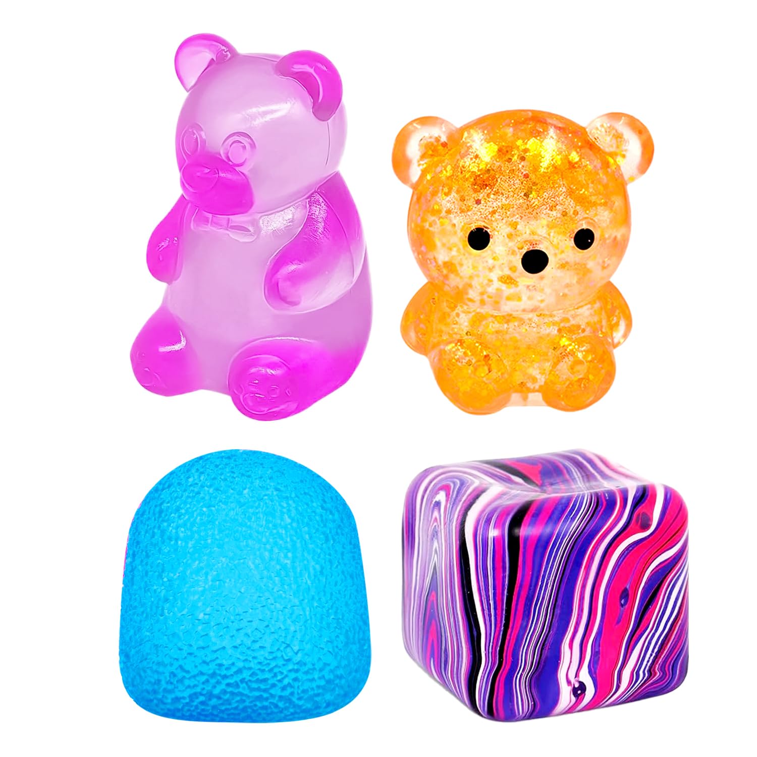 4PCS Nice Squishies Toys , 4 Pack Fidget ToY Contain Ice Cube , Bear ,Stress Balls For Adults and Kids Stress Relife , Washable and Durable Party Birthday Gifts