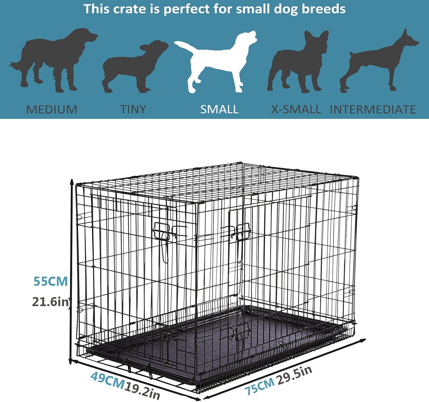 Double Door Design Dog Cage, with Detachable Tray Metal Thickened Steel Wire Dog Cage(Size:754955cm)