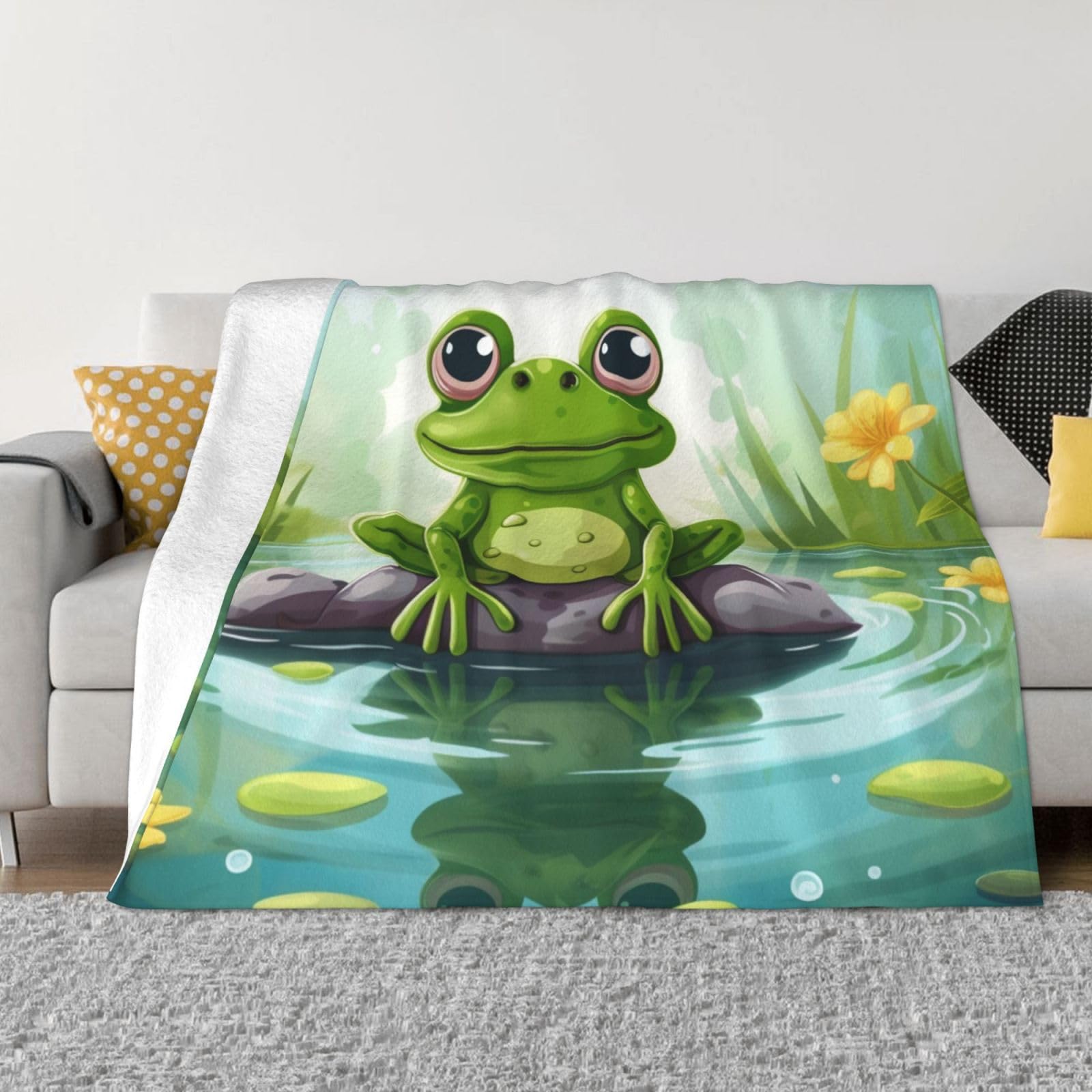 Couverture pelucheuse et légère grenouille étang plaid ultra doux salon