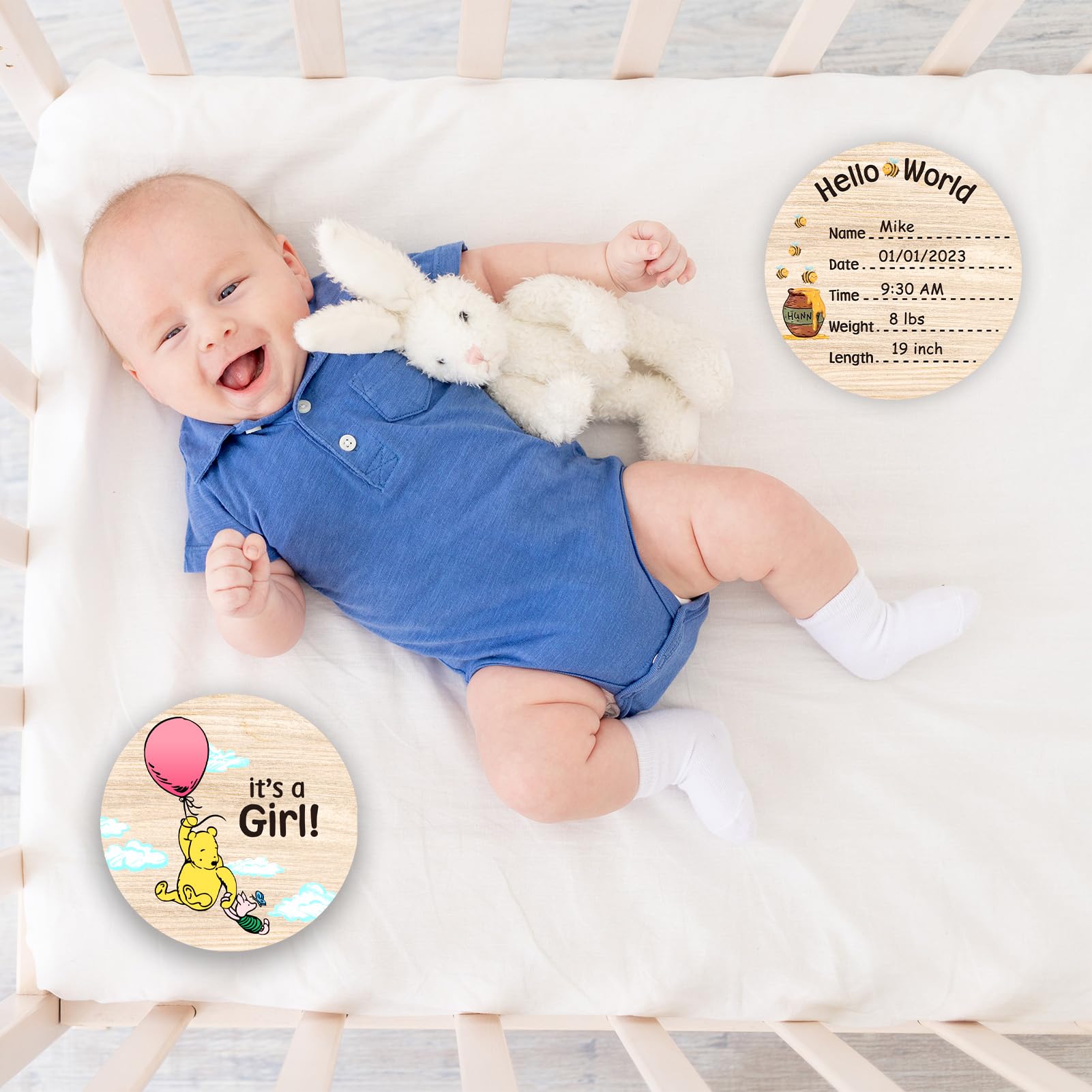 Its a Boy & Its a Girl Baby Birth Announcement Sign, The Winnie Baby Bear Newborn Hello World Baby Name Sign 6inch Double Sided - 2Pcs