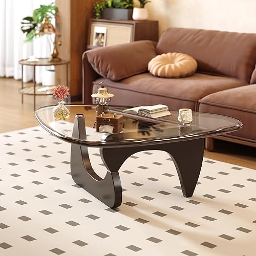 Miniatura 12 de Mesa de café para sala de estar, mesa central moderna de mediados de siglo con tapa de vidrio y madera, marrón/nogal marrón,