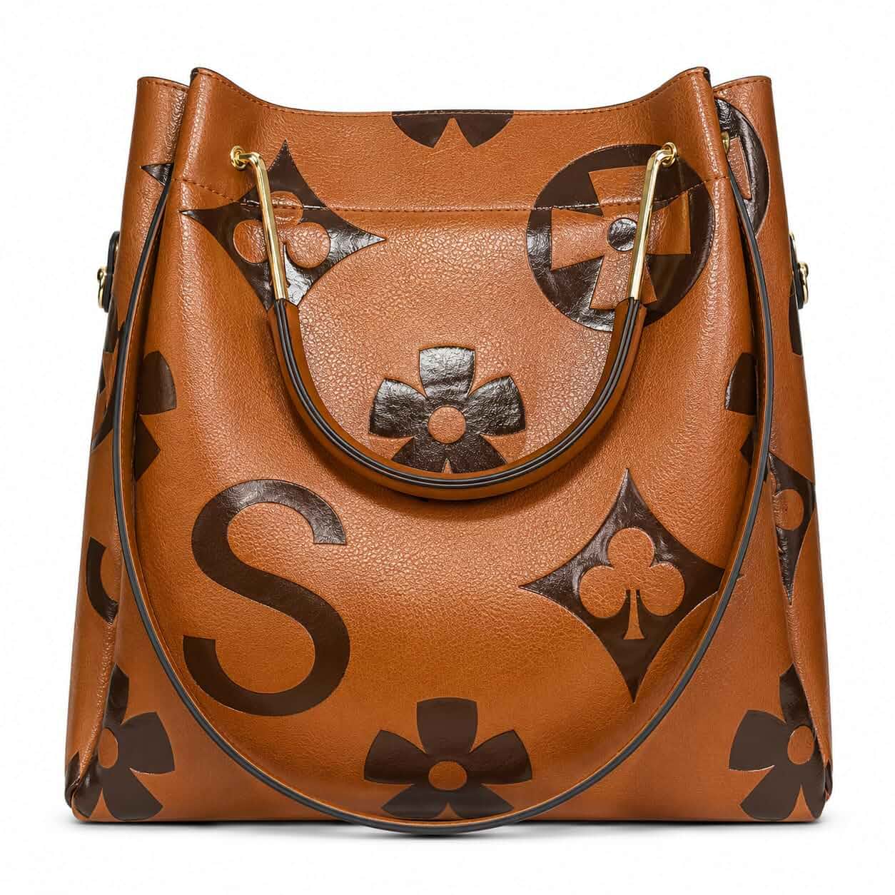 [GAKORRIO] Women's Retro Monogram Crossbody Bag Premium Vegan Leather Shoulder Handbag with Drawstring, Classic Vintage Top-Handle Satchel Tote Purse for Daily Work Travel (12.6" L x 7" W x 11.4" H)