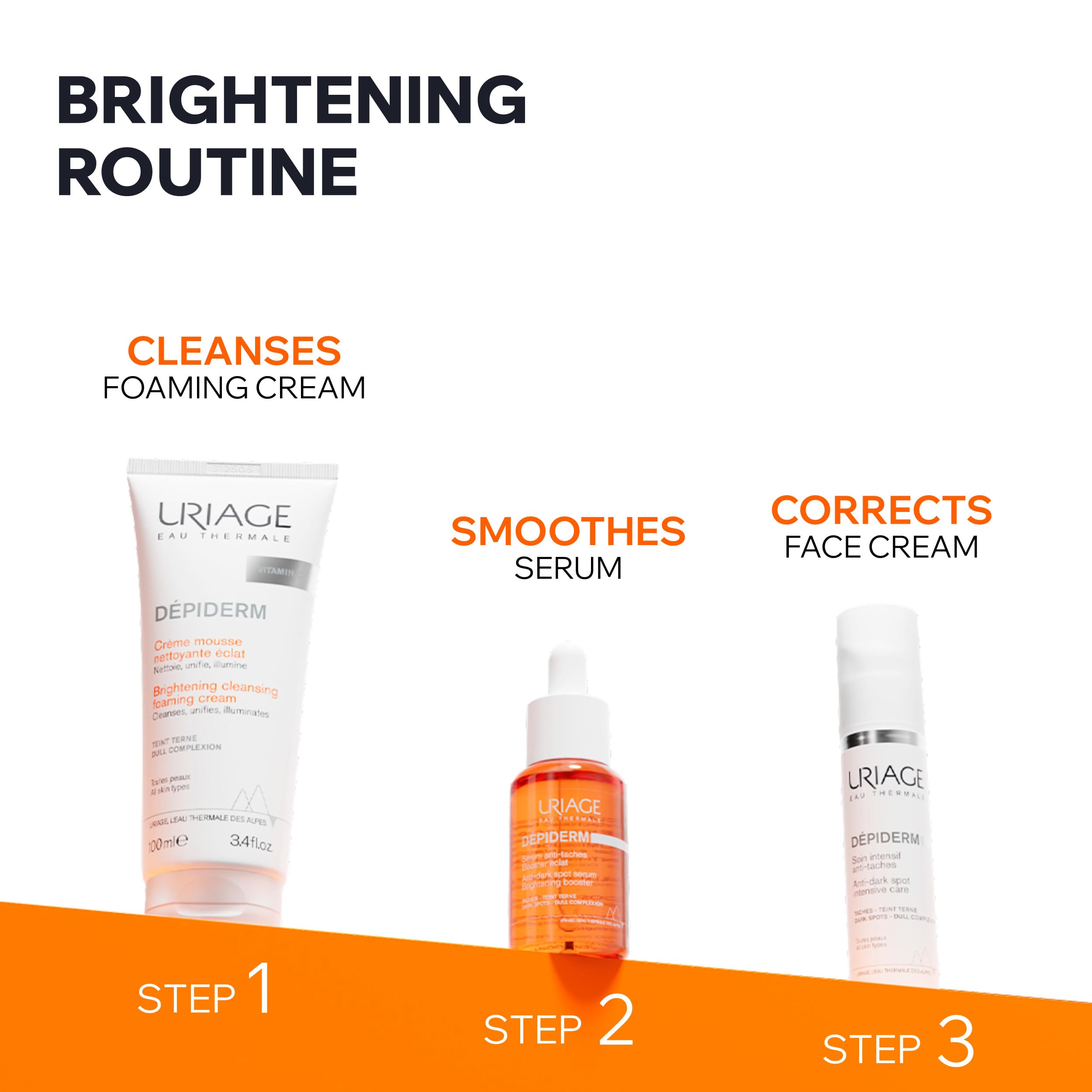 Uriage Depiderm Mousse Detergente Illuminante con Vitamina C Stabilizzata e Niacinamide - Correzione e prevenzione delle macchie scure. La pelle è detersa e luminosa