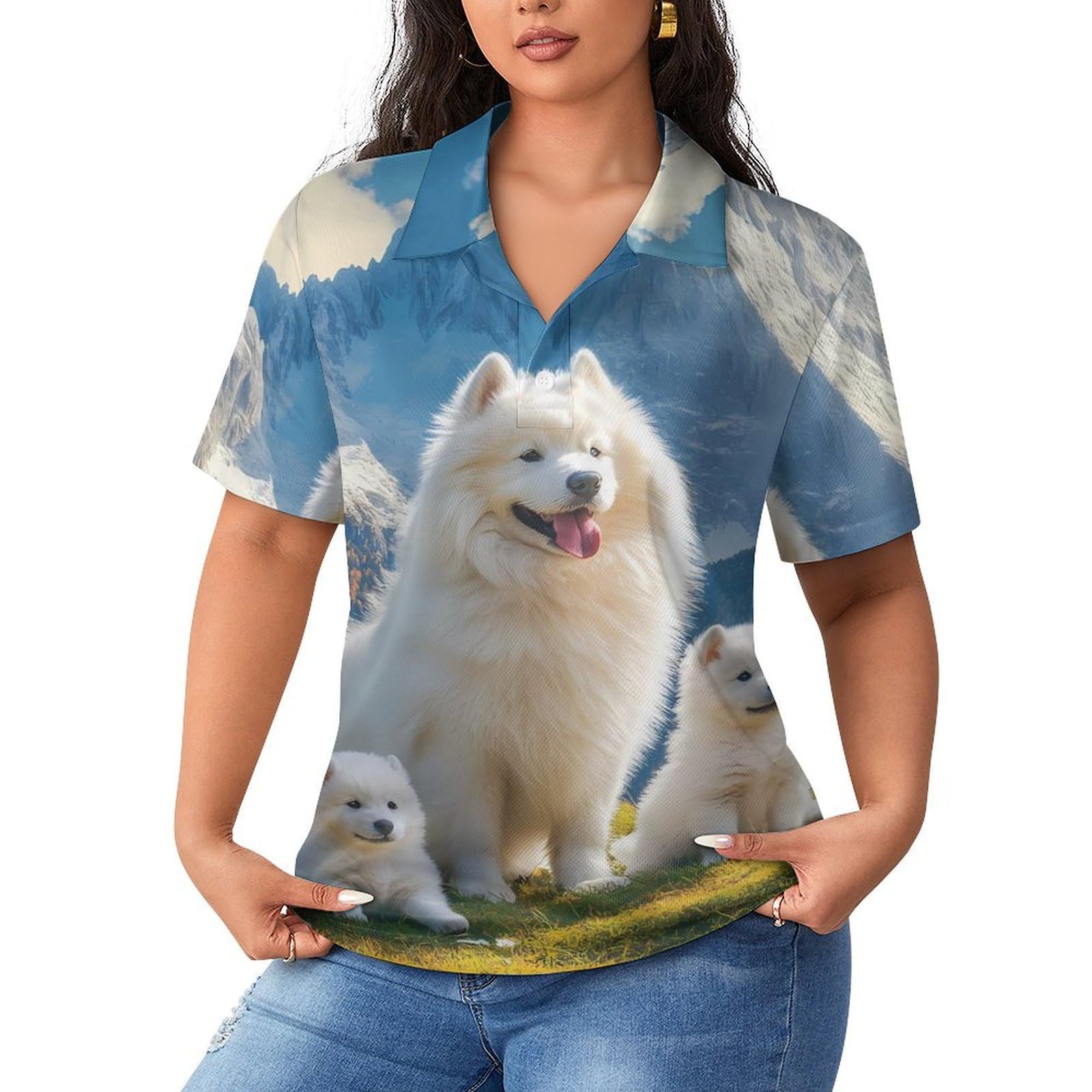 Polo de manga corta transpirable Samoyed Dogs Family casual moda mujer 8
