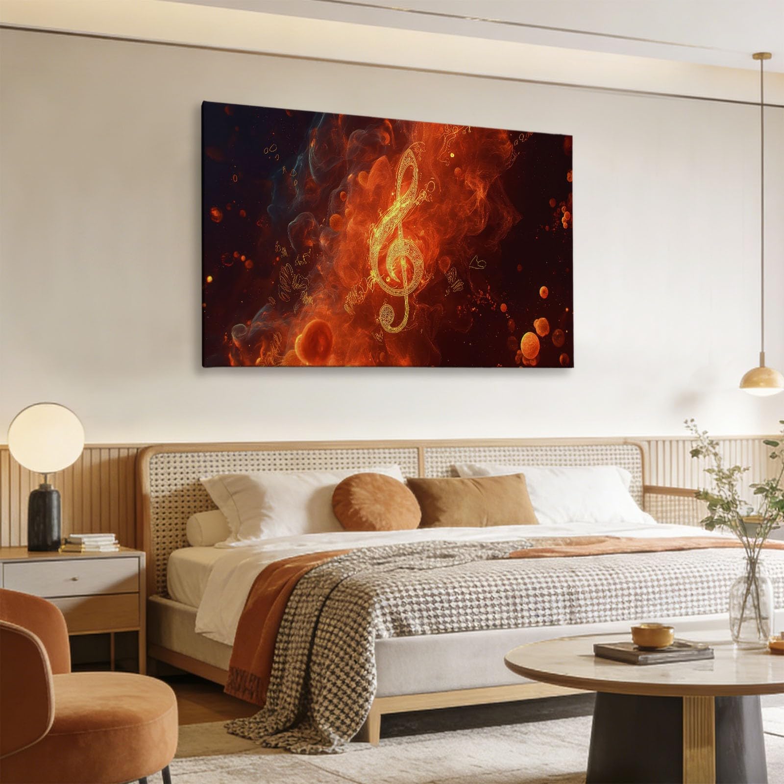 Generisch Orangerot Musik Musiknoten Flamme Modernes Leinwandbild 140L x 70B cm mit Rahmen, Modern XXL Wanddeko für Wohnzimmer Geschenk Idee Einzug - Hochwertiger Kunstdruck auf Holzrahmen