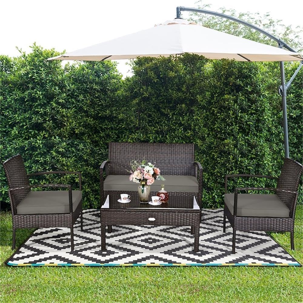 Pemberly Row 4-Piece Patio Rattan Wicker Furniture Set, Brown, Steel Frame with PE Rattan, Cushioned Seats, Tempered Glass Coffee Table, Outdoor Sofa Set for Garden, Backyard, or Patio