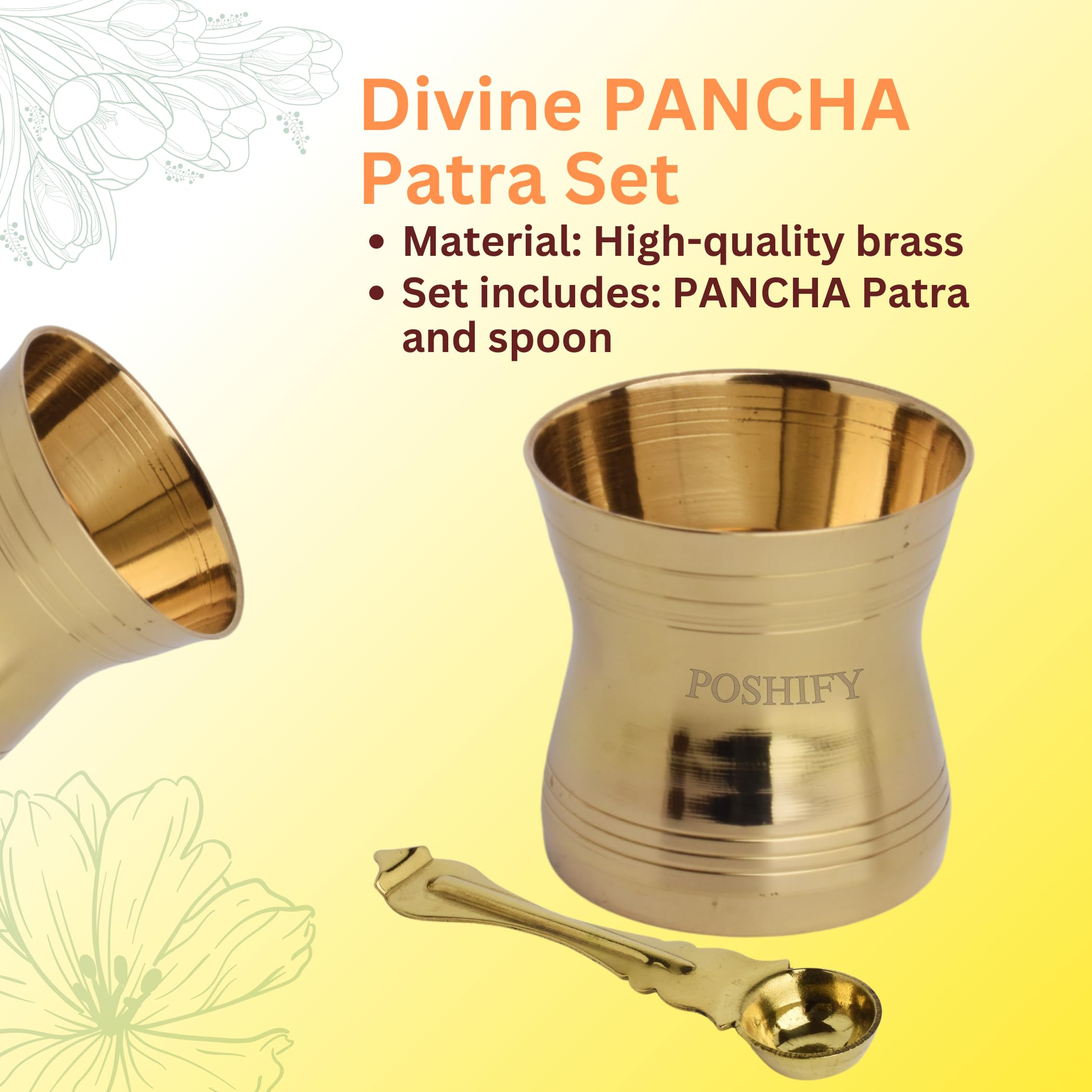 POSHIFY Traditional Brass Pancha Patra with Spoon (Achamani/Pali) | Pure Brass Panchpatra Set for Puja, Mandir, Holy Water & Diwali | Hindu Pooja Items for Home (Cup: 6x6 cm, Spoon: 11.5 cm) 1