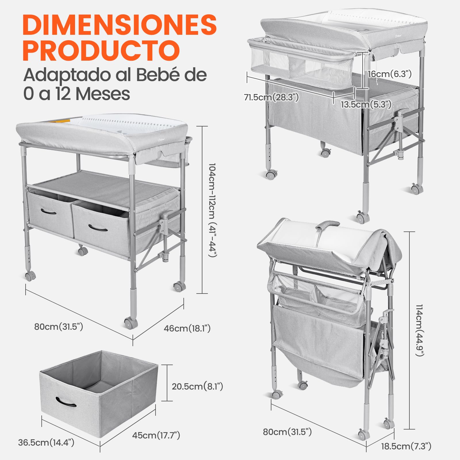 Cambiador Bebe Mueble con Luz Nocturna y Cajones, Mueble Cambiador Bebe Portatil de Altura Ajustable con Correa de Seguridad, Espacio de Almacenaje Extra Grande, Móvil Cómoda Cambiador Bebe, Gris