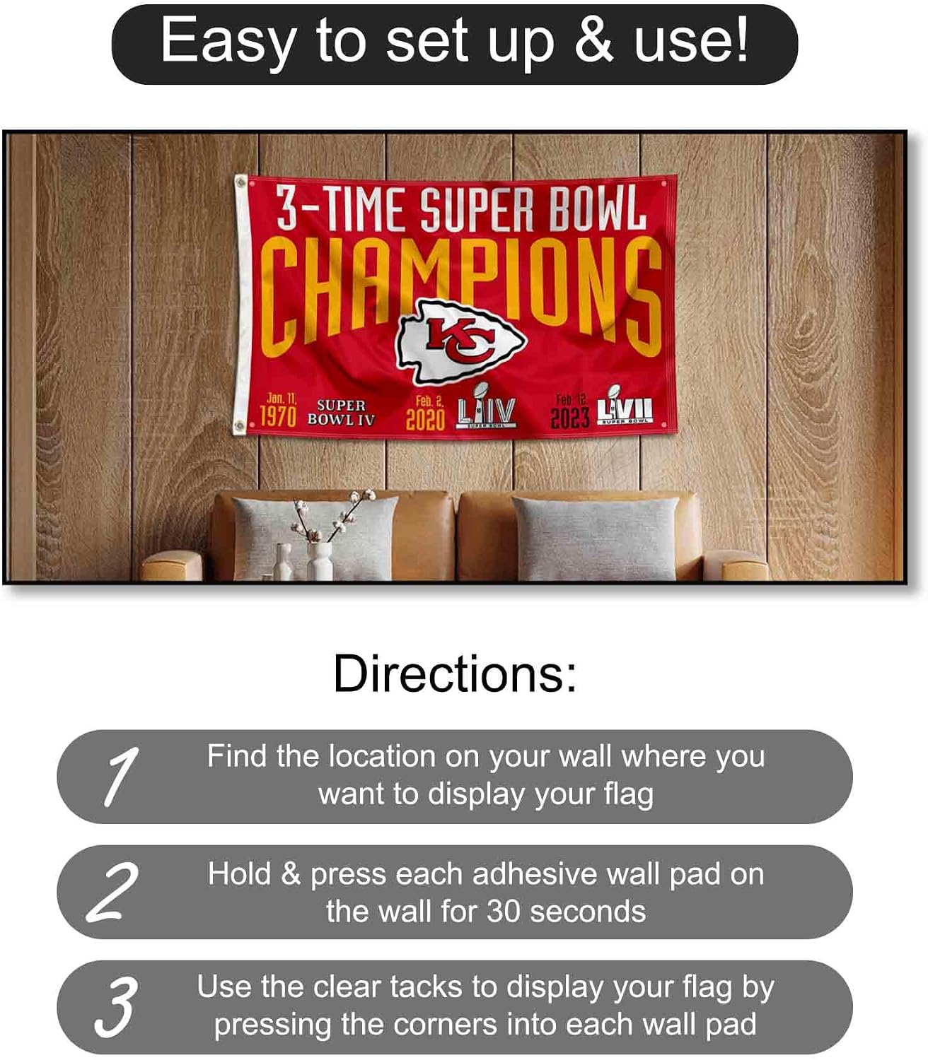 WinCraft Kansas City Chiefs 3X Times Super Bowl Champions Banner and Tapestry Wall Tack Pads