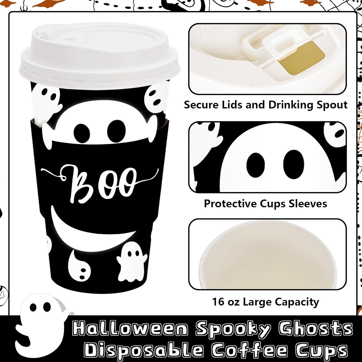 JarThenaAMCS 48 Set Halloween Disposable Coffee Cups with Lids and Sleeves 16oz Black Spooky Ghost Paper Drinking Cups for Halloween Party Supplies