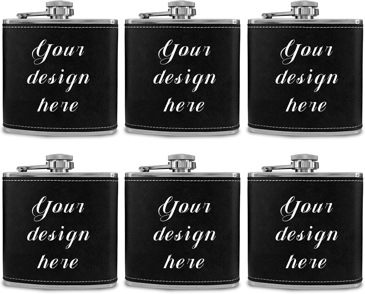Personalized Vintage Leather Stainless Steel Flask 6oz, Custom Flasks with Photo/Logo/Text, Groomsmen Gifts for Wedding, Bachelor Party, Birthday, Father's Day (B-Black Set of 3)