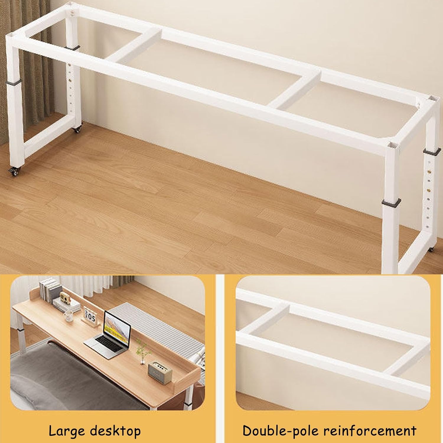 Overbed Table Height Adjustable Mobile Standing, Mobile Over Bed Table, Portable Medical Over Bed Desk Space Saving for Bedroom, Living Room, Hospital(White,94.4x15.7in/240x40cm)