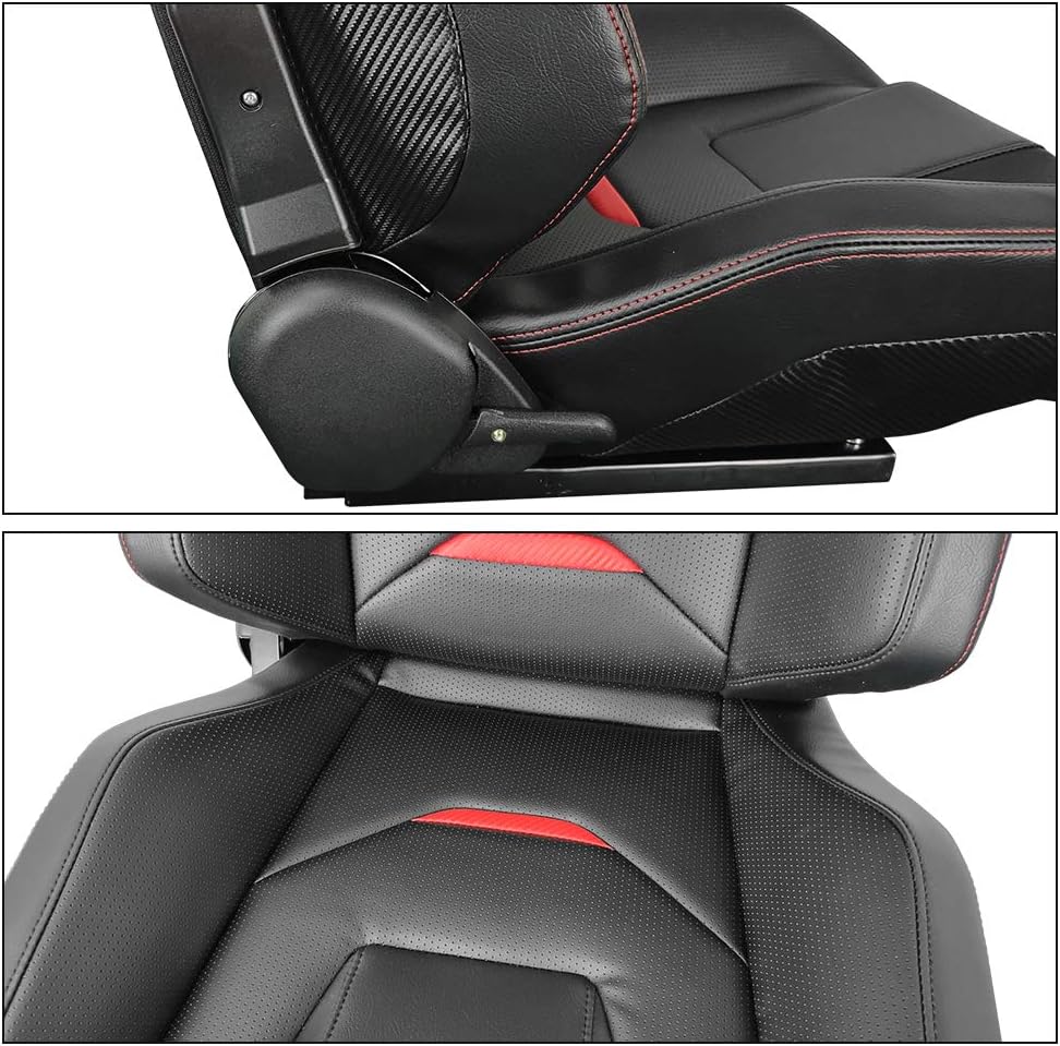 FREEMOTOR802 Universal Racing Seats, Reclinable Sport Seats with Dual Lock Sliders Adjustable, 1 Pair (Driver + Passenger Side), PU + Carbon Fiber Fabric, Black + Red Stripe
