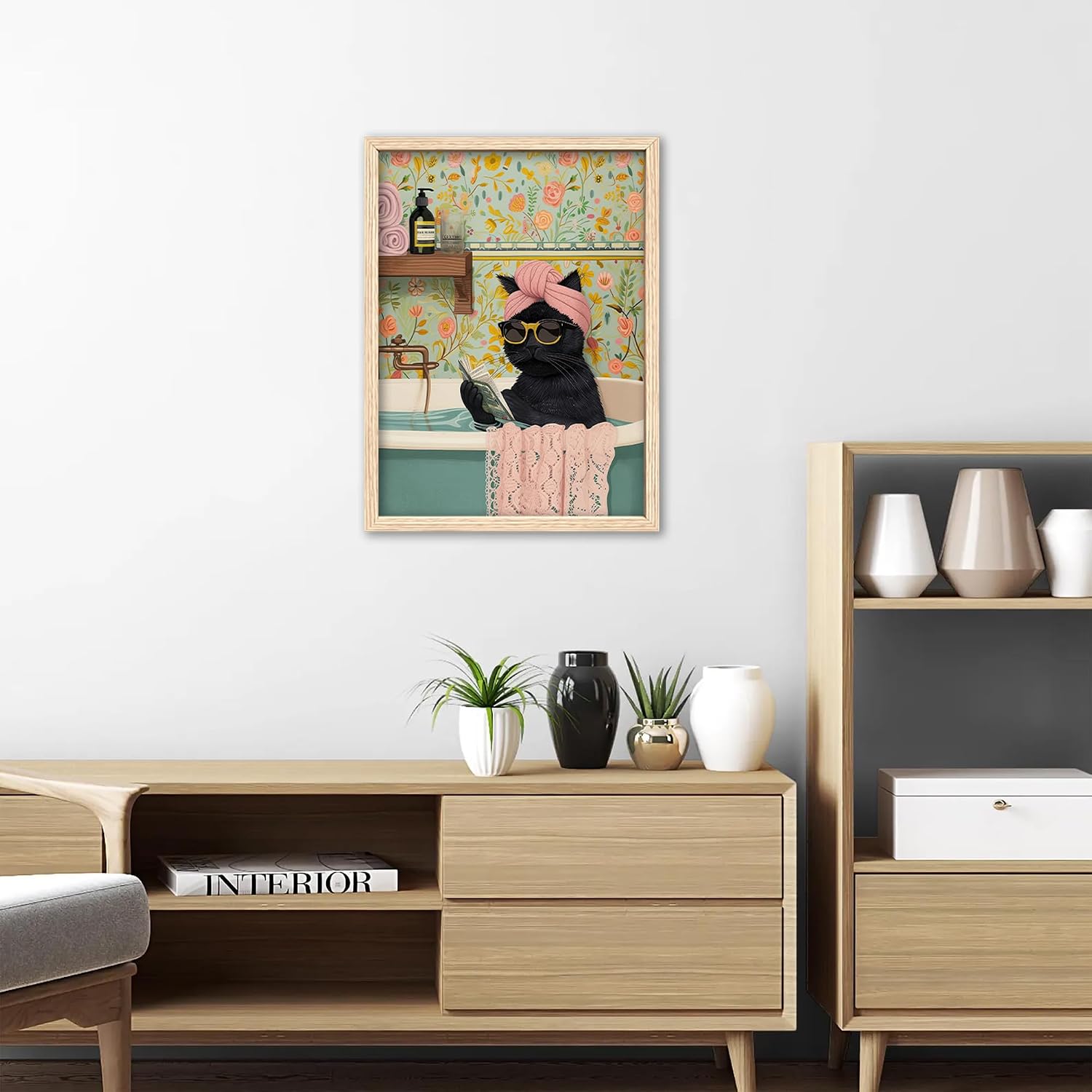 ICHZUMW Funny Black Cat Bathroom Wall Art Decor, Cute Framed Canvas Print Painting, Quirky Animal Pictures Wall Decoration, Humorous Girly Pink Artwork for Bedroom Restroom Powder Room Office, 12x16in