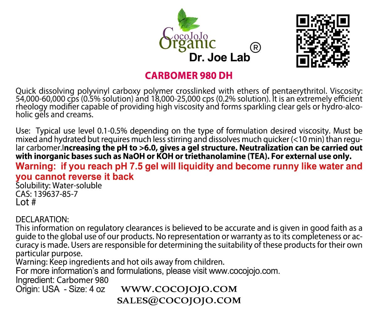 cocojojo Carbomer 980 / Carbopol 4 oz - 120 gr Cosmetic Ingredient - All Purpose Thickening Agent Cosmetic Formulation Gel Cream Lotion DIY Cosmetics Carbopol Emulsify Packaging May Vary