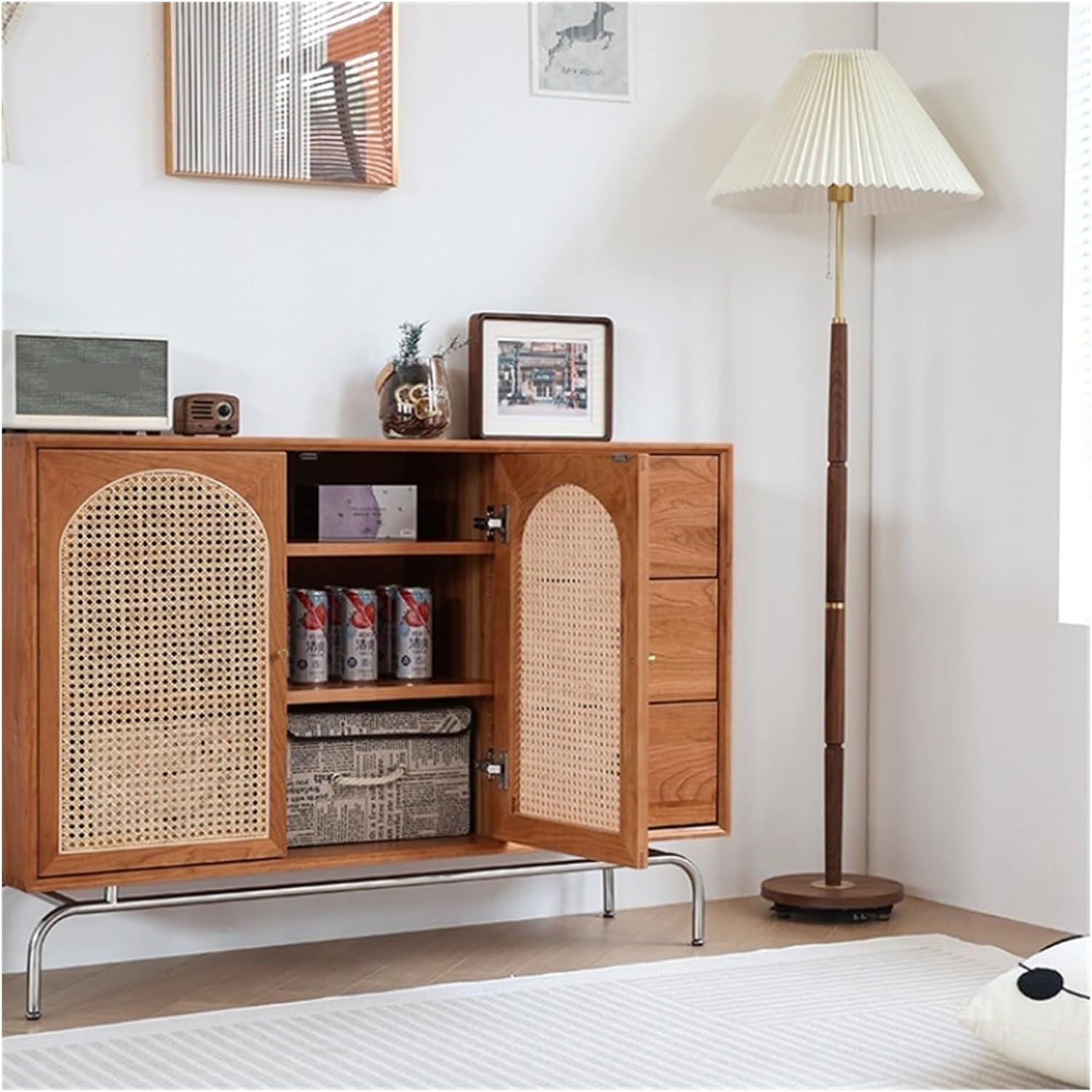 Buffet Cabinet Solid Wood Sideboard Household Living Room Multifunctional Storage Pantry Cabinet Entryway Rattan Kitchen Cabinet