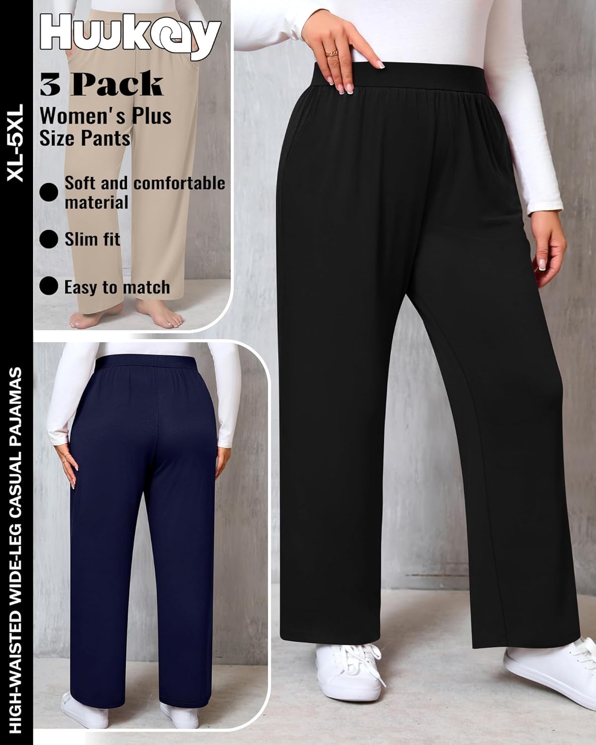Huukeay 3 Pack Women's Plus Size Pants, High Waisted Wide Leg Pants Casual Pajamas Pants Loose Yoga Sweatpants with Pockets - Image 6