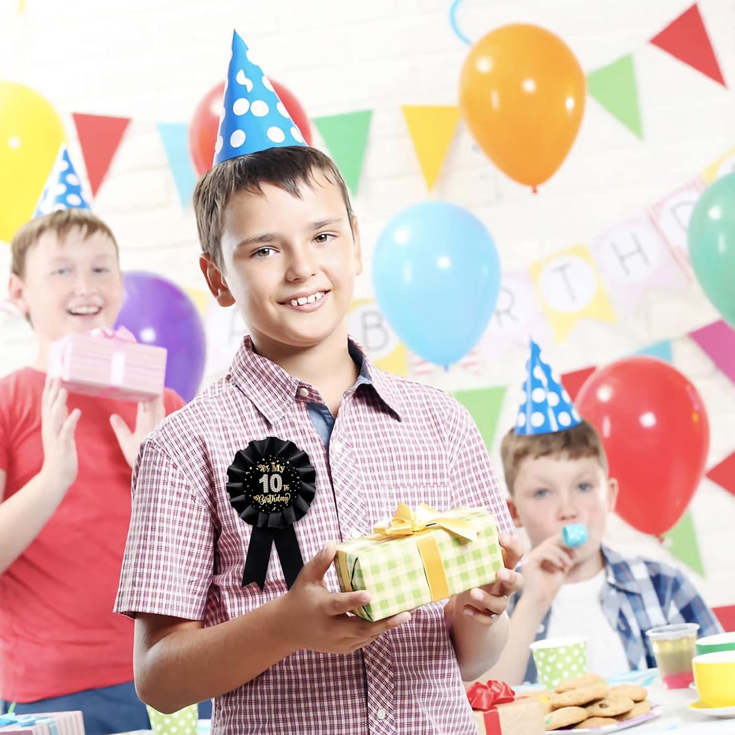 Black It's My 10th Birthday Tinplate Badge Pin, Happy 10th Birthday Boys and Girls Award Ribbon Party Decorations Sign