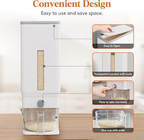 Miniatura 4 de Lifewit Contenedor de Arroz 25.4 Libras, Dispensador de Arroz con Taza Medidora, Contenedores de Cereales para Almacenamiento, Cubo de Arroz Sellado