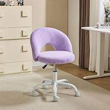Bonnlo Aesthetic Office Chair No Arms Small Comfortable Chair Dressing Table Chair with Lumbar Support Swivel Chair for Office Bedroom Rabbit Fur Purple