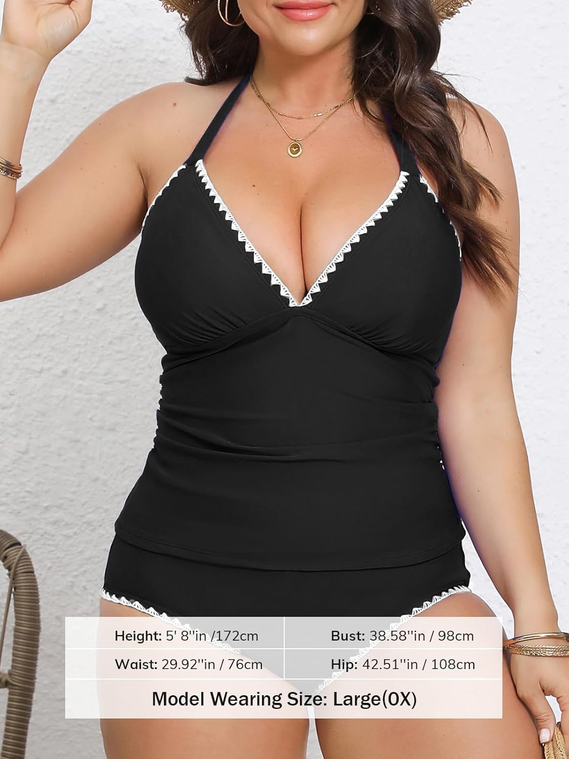 CUPSHE Women’s Plus Size Tankini Sets Halter Strappy Deep V Neck Two Piece Swimsuits Shell Stitched Ruching