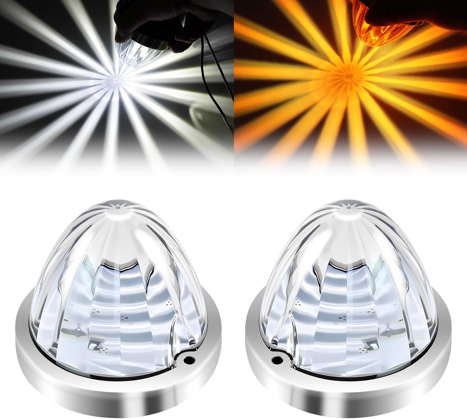 2Pcs Dual Color Amber/White Watermelon Lights Amber Turn Signal Marker to White Auxiliary Interior Dome Lights Lamps for Semi Truck, w/Reflector Flush Mount Clear Lens Stainless Bezel