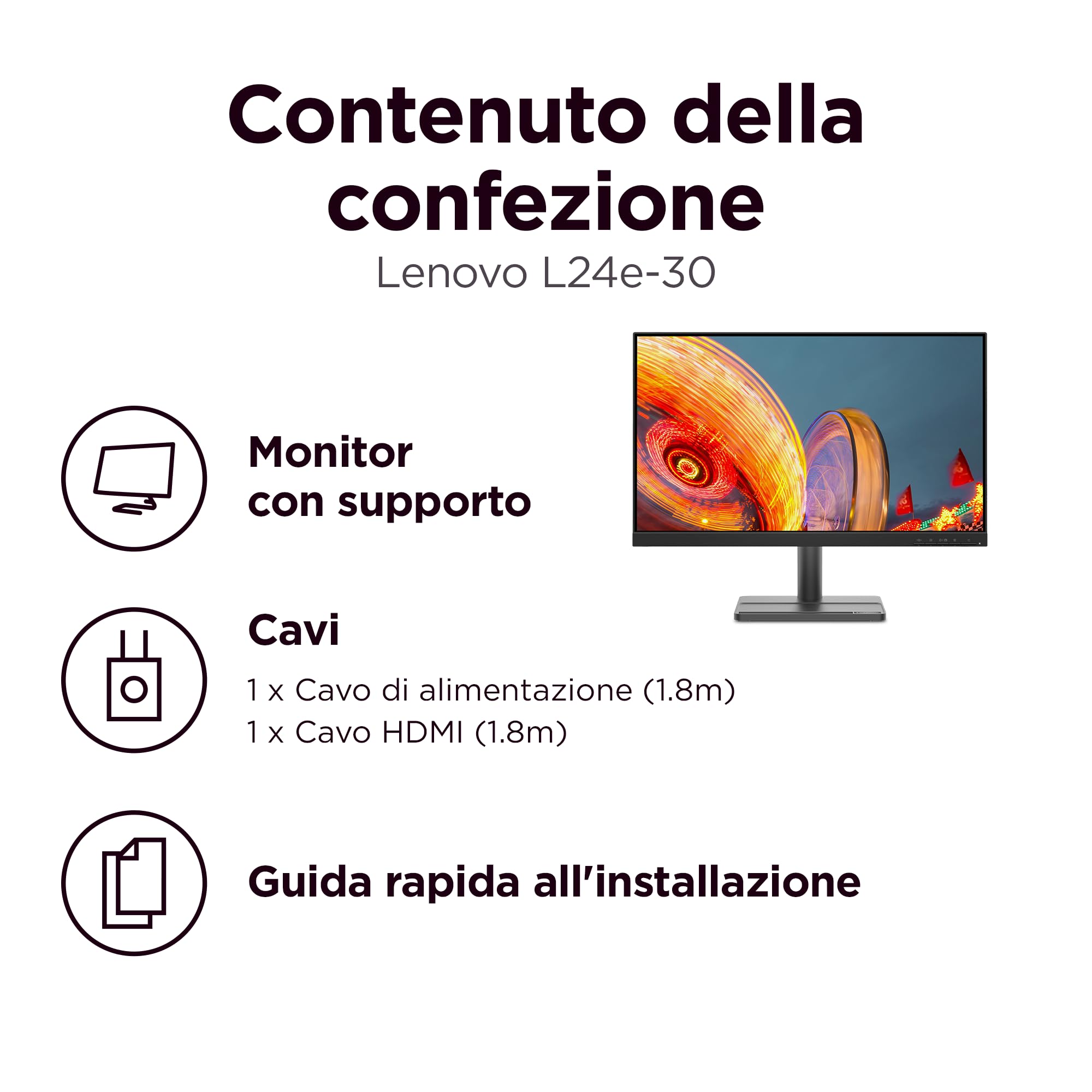 Lenovo L24e-30 Monitor - Display 24" FullHD (1920x1080, VA, 4 ms, 75Hz, Input HDMI+VGA, Cavo HDMI, AMD FreeSync) Inclinazione regolabile - Raven Black - Esclusiva Amazon