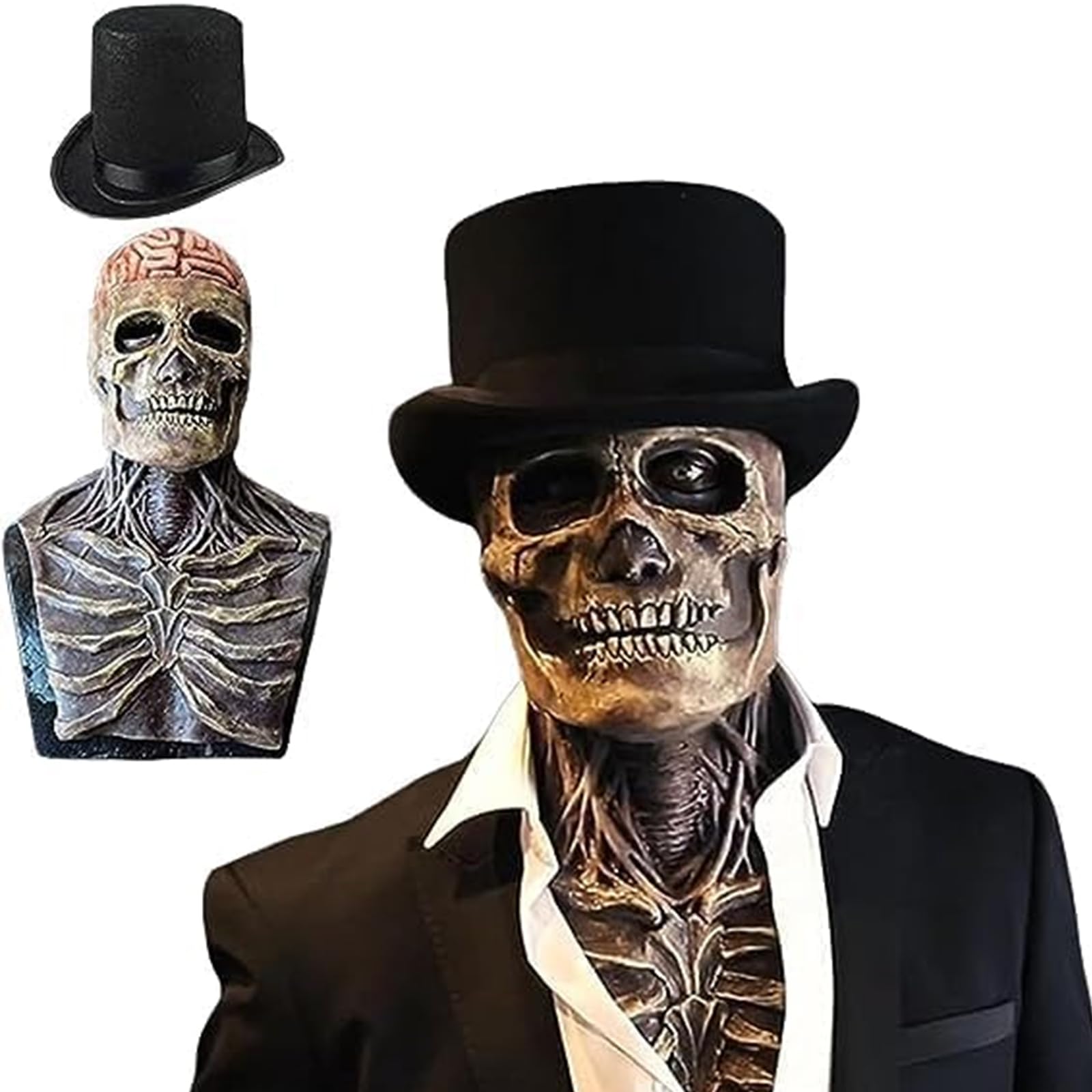 Halloween Skull Mask Scary Full Head 3D Natural Latex Skeleton Mask with Moving Jaw,Creepy Biochemical Bare Brain Mask Halloween Decoration for Cosplay Costume Party Skull Headgear (with Hat)