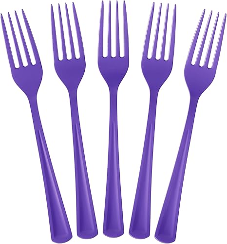 Exquisite Tenedores de plástico morados, 50 piezas, tenedores morados, utensilios desechables, juego de cubiertos de plástico resistente, juegos de