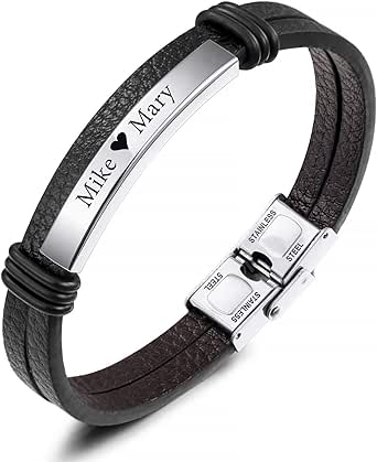Braccialetto In Pelle Con Incisione Nome - Acciaio Inossidabile, Unisex, Regalo Personalizzato Per Uomo E Donna - Foto 10