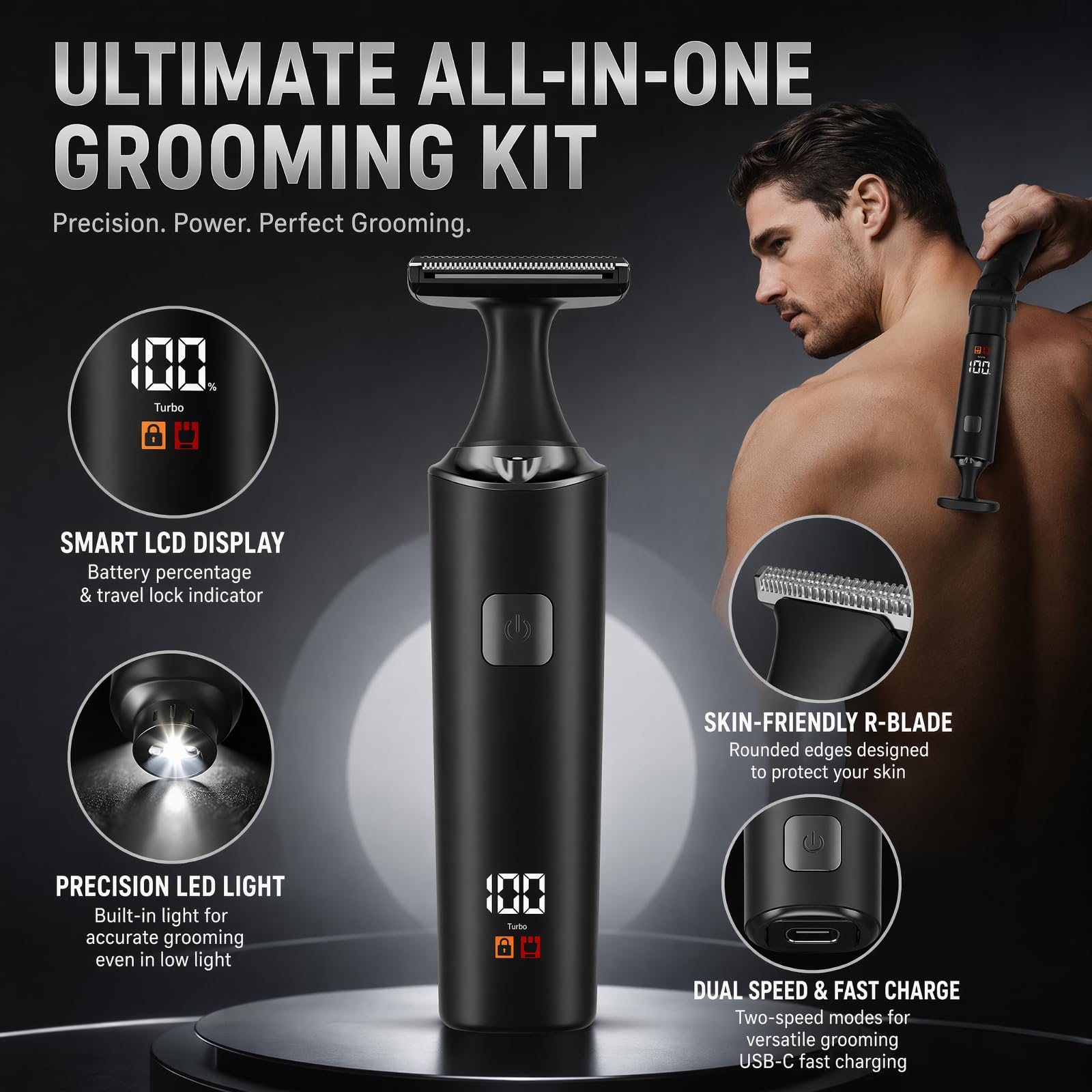Rasoio Elettrico Per La Schiena Da Uomo, Depilatore Corpo Uomo Kit 5 In 1 Con Braccio Ausiliario Allungabile, per viso, Mento, Braccio, Schiena, Peli Pubici (A)