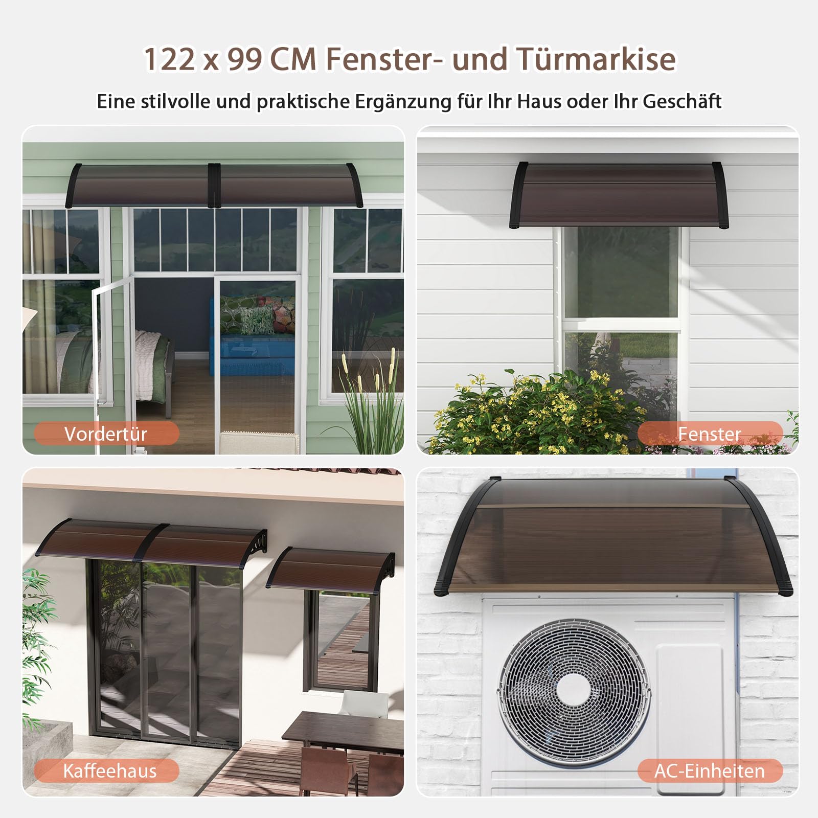 RELAX4LIFE Vordach für Haustür, 122 x 99 cm, Überdachung aus Polycarbonat & Aluminium, Türvordach für Sonnenschutz Regenschutz Windschutz, Pultvordach für Tür Eingang Hauseingang, Kaffee